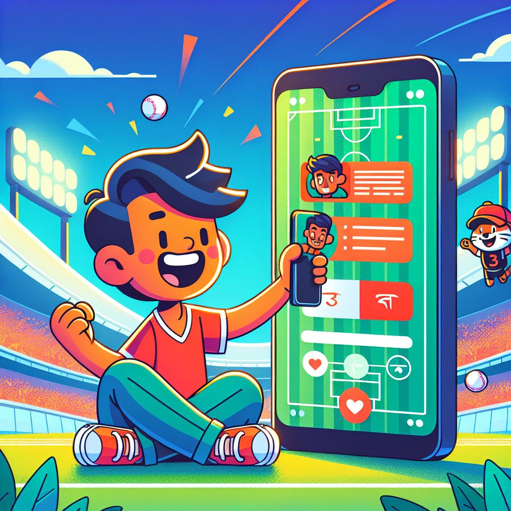 Cartoon Bangladeshi fan using a betting app on a smartphone
