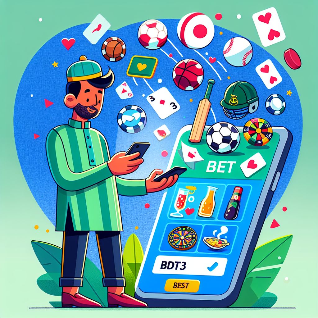 কার্টুন বাংলাদেশি বেটার BDT33 bet অ্যাপ ব্যবহার করছেন যাঁর পাশে স্পোর্টস এবং ক্যাসিনো আইকন রয়েছে