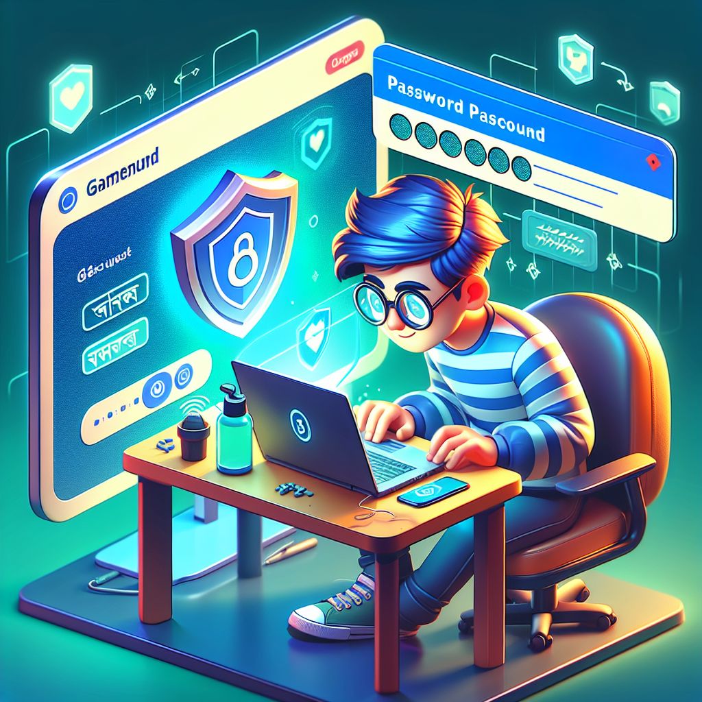 Cartoon gamer logging into BDT33 on phone and laptop with secure shield icon
