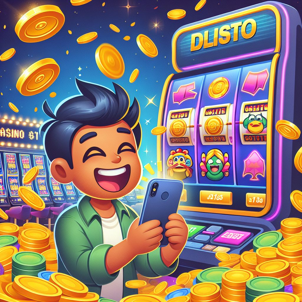 Cartoon character spinning colorful online slot reels with coins flying